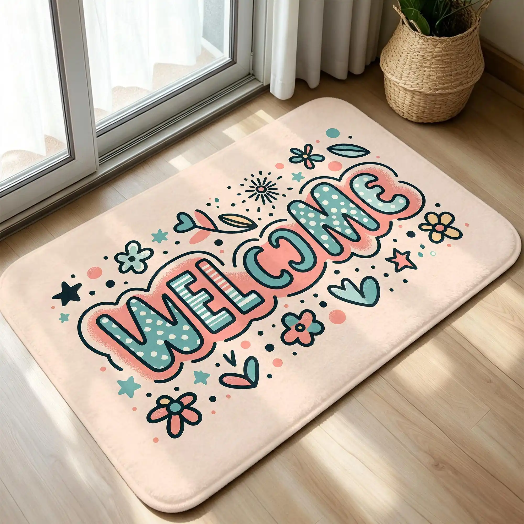 Retro Sunburst Welcome Rug Pink Blue Letters Doormat Groovy Area Rug Floor Mat Apartment Lounge Foyer Entryway Decor