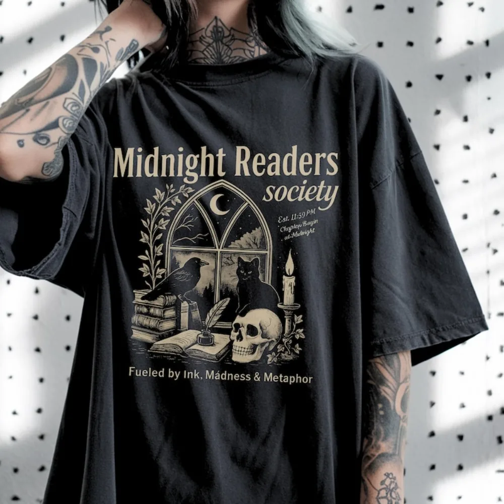 Midnight Readers Society Shirt Dark Academia Tee Book Lover Reading Top Harajuku Oversized T Shirt Graphic T Shirts Y2k Tops