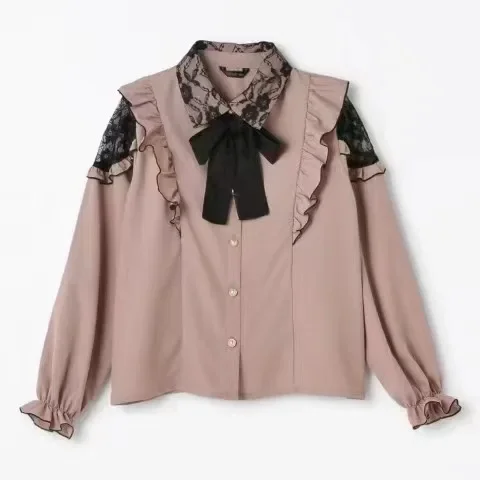 Sweet Children's Lace Lapel Ruffled Blouse Female Japanese Style Fall Mine Series Mass Production Long Sleeve Bow Tie Top Shirt