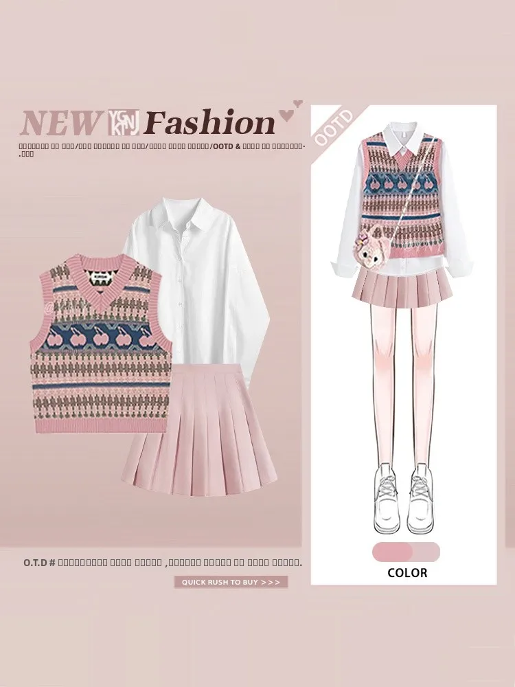 

Color Blo Knitted Vest irt Skirt Tee Piece Set Spring Slimming Jk orm High Waist ort Skirt Long Sve Regular Le...