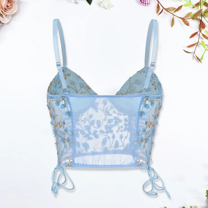 Women Blue Camisole Vest Bra Embroidery Flower Corsets Slim Fit Versatile Lady Corset Top Sexy Lace Rayon Ultra-Thin Thick Bra