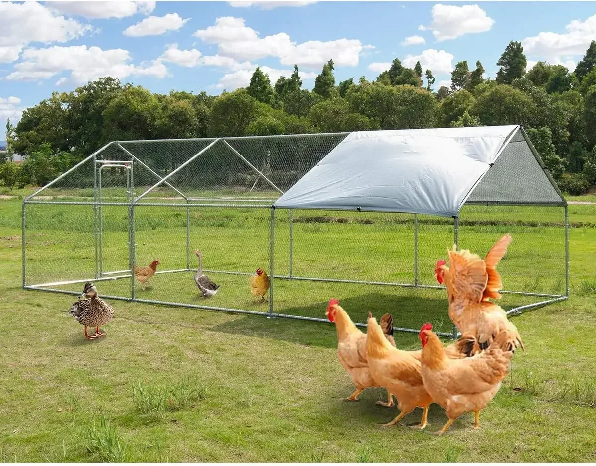 Large Metal Chicken Coop Walk-in Poultry Cage Hen Run House Cage Spire Shaped Cage with Waterproof and Anti-Ultraviolet Cover