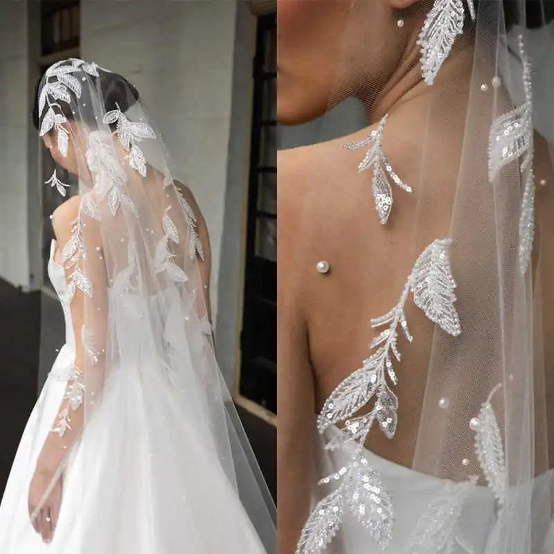 

﻿ Elegant Lace Edge Wedding Bridal Veils One Layer 3M Cathedral Long Veil Tulle Appliques Sequin Beads Custom Made