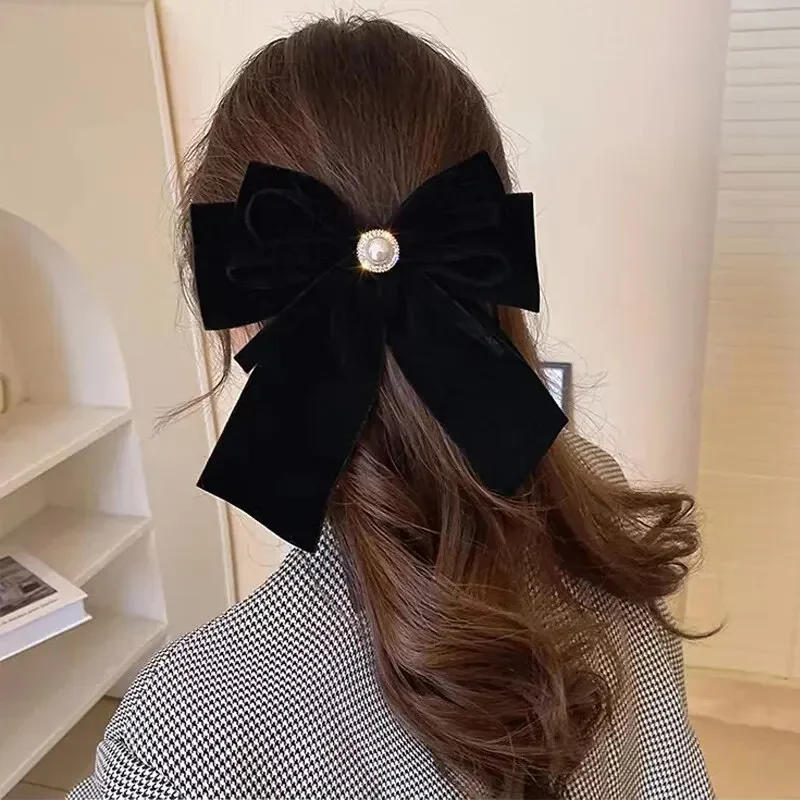 Elegant Vintage Velvet Bow Pearl Hairpins with Fabric Alloy Clips for Girls Ponytail Barrette Headwear Accessories