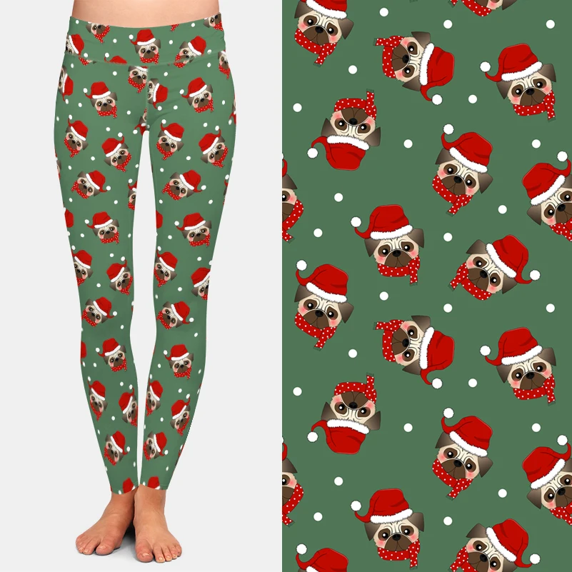 LETSFIND-mallas de entrenamiento de alta elasticidad para mujer, Leggings ajustados de cintura alta con estampado de Pug, Papá Noel, perro, bufanda roja, novedad