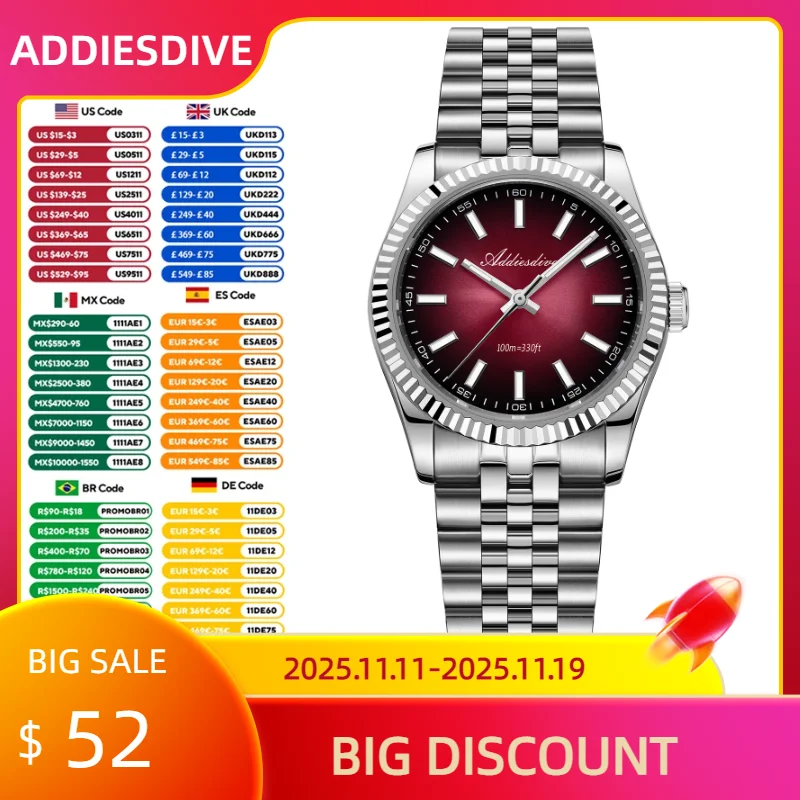 

ADDIESDIVE New Quartz Watch For Men Stainless Steel Super Luminous 10Bar Waterproof Watch Sapphire VH31 AD2073 Relogio Masculino