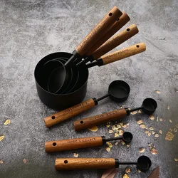 4/8Pcs Black Wooden Handle Stainless Steel Measuring Cups Spoons Baking Tools Coffee Bartending Scale Kitchen Accessories Set
