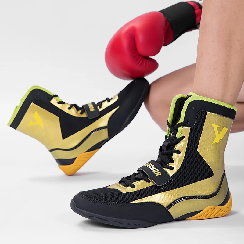 Sepatu boot pria profesional, sepatu pria profesional, sepatu bot tempur, sepatu Formal pria, warna hitam kuning, sepatu latihan Boxer olahraga, atasan tinggi