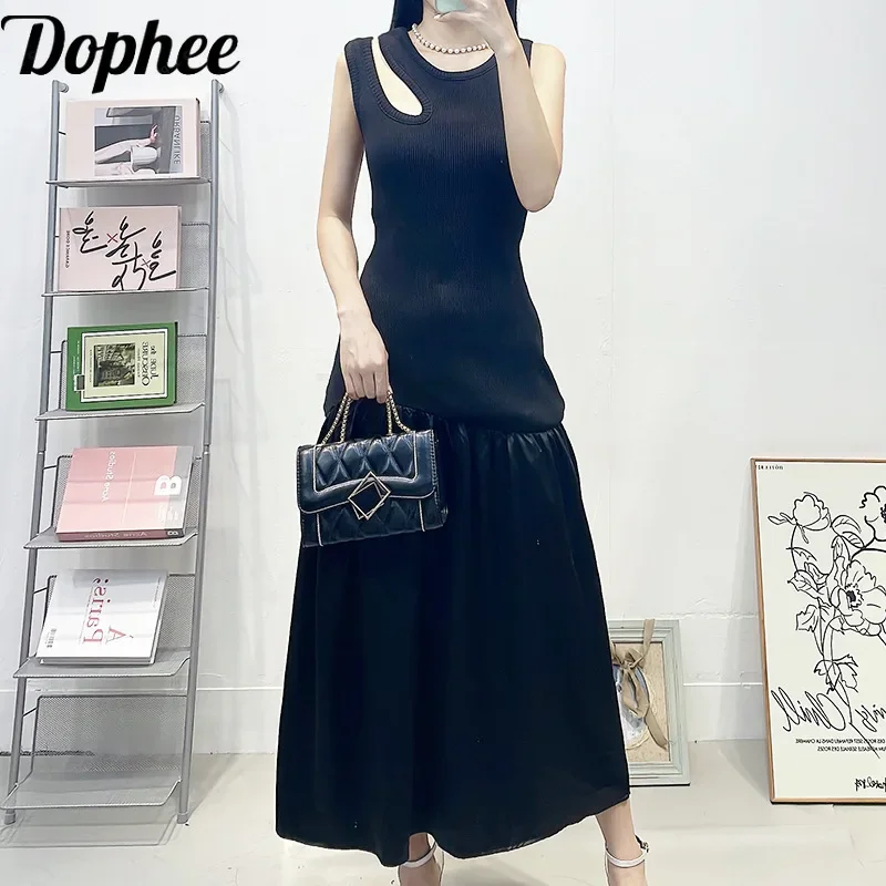 

High Quality Hollow Out Off Shoulder Women Knitting Dress 2024 New Summer O-neck Elegant Splicing Sleeveless Black A-line Dress