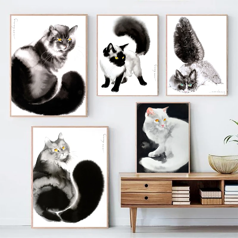 Cute Cat Posters Animal Canvas Prints Black and White Decorative Paintings Wall Art Pictures for Living Room Home Decor No Frame