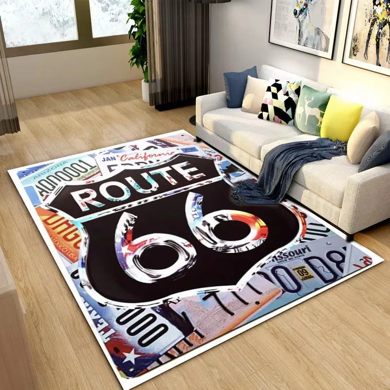 Vintage Route 66 Area Rug Historic US Highway Retro Distressed American Road Sign Design Non-Slip Floor Carpet for Living Room