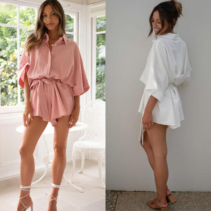 

New Summer Women's Jumpsuits Loose and Fashion Pink Lace-up Lapel Button White Sweet Girl's Shorts Suit Playsuits