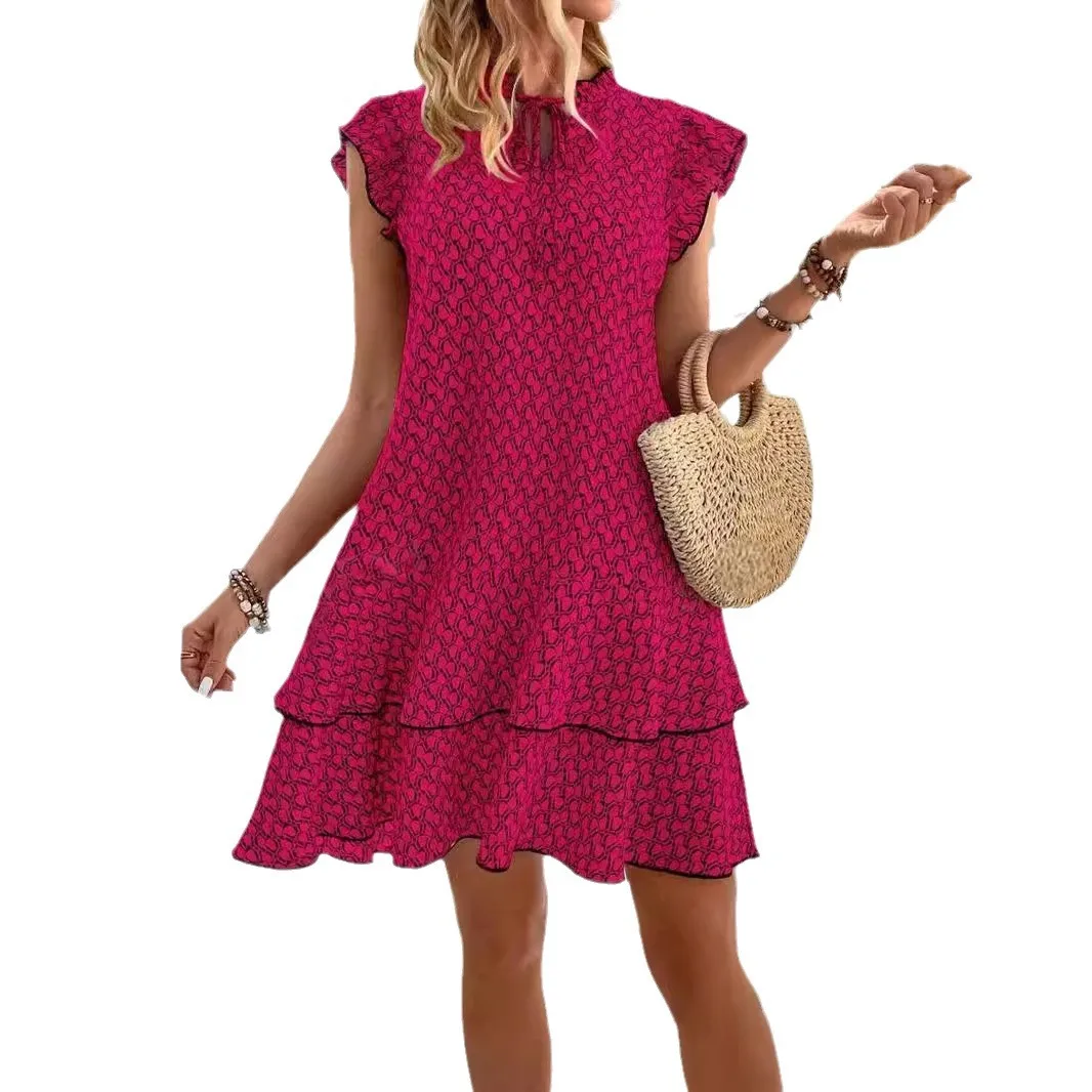 Women\'s Summer Mini Dress A-line Print V-neck Fiying Sleeve Lady Loose Hem Bohemian Fashion Casual Dresses For Women Clothing