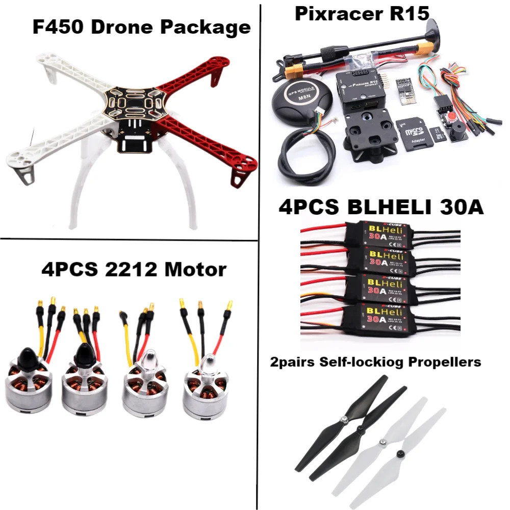 F450 Drone Kit Pixracer R15 Controle de vôo Ardupilot Quadcopter BLHELI 30A 2212 Motor ESC Trem de pouso