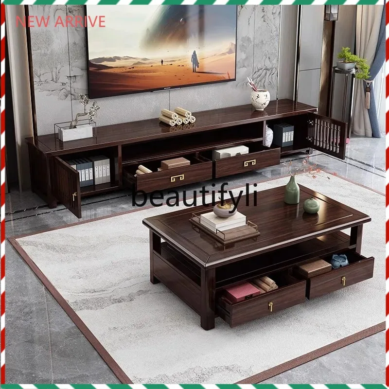 D2520 New Chinese Style Light Luxury High-End Ebony Solid Wood TV Cabinet and Coffee Table Set Living Room Rock Slab Floor Cabin