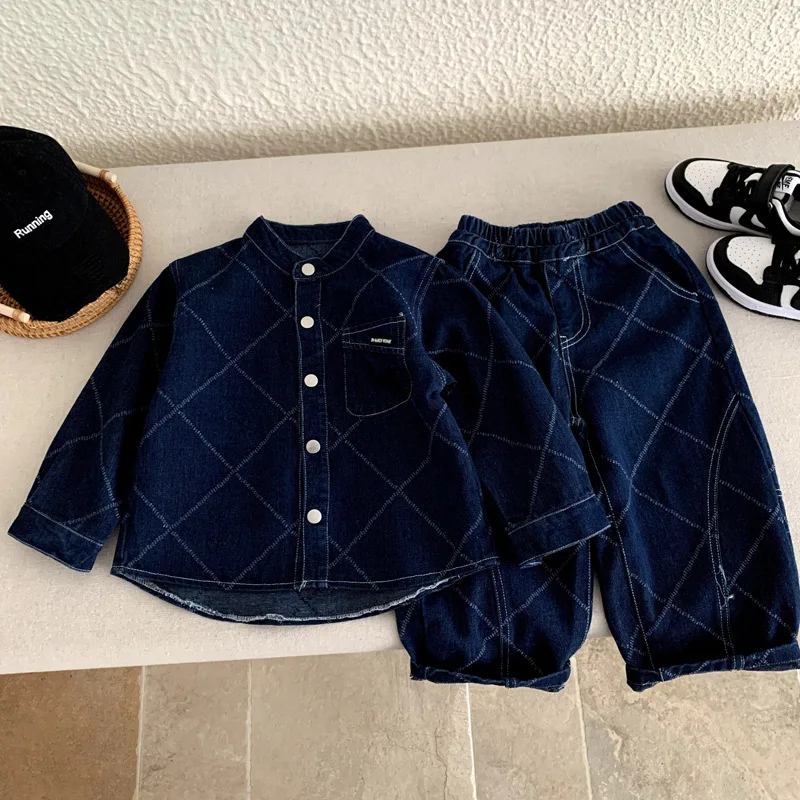 Boys Suit 2026 Spring And Summer New Childrens Clothes Korean Style Boys And Girls Handsome Grid Cowboy Two-piece Set