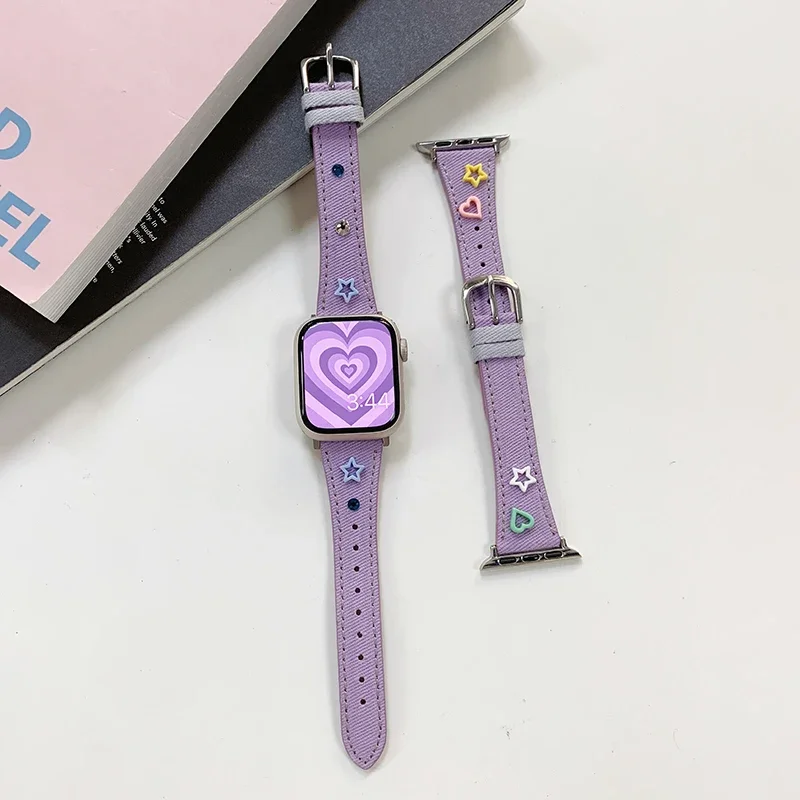 Apple Watch用のクリエイティブなデニムキャンバスストラップ,女性用ブレスレット,iwatchシリーズ7,correa 45mm, 41mm, 44mm, 9mm,8,se,6,5,4,38mm 42mm、49mm