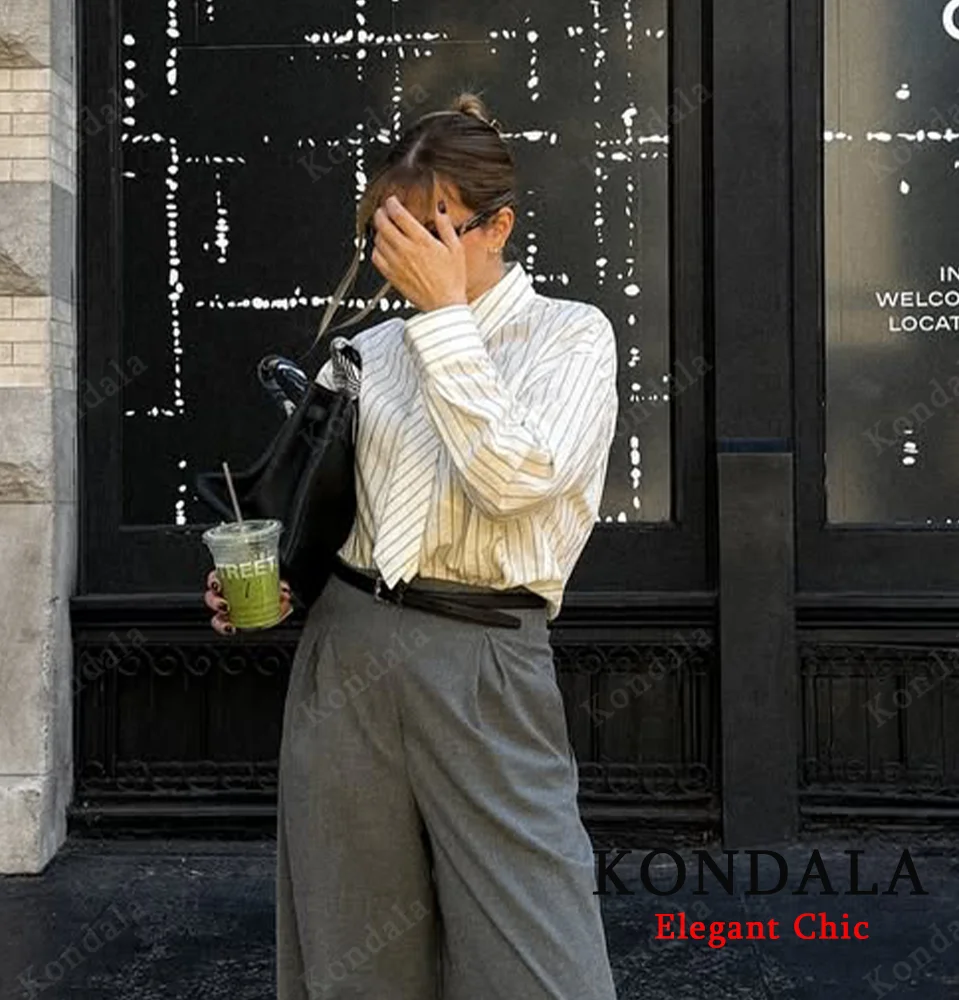 KONDALA Damska Luźna Koszula w Paski z Kołnierzykiem, Wiązana, Zapinana na Guziki, Moda Wiosna-Jesień 2025, Uniwersalna Koszula Damska do Pracy