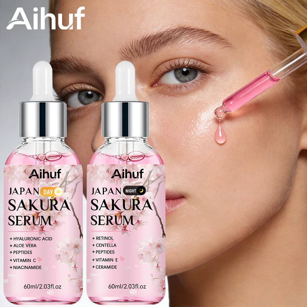 AIHUF 2PCS Sakura Day And Night Tightening Essence Liquids with Aloe Vera Niacinamide Snow Lotus Vitamin C Antioxidant Brighteni