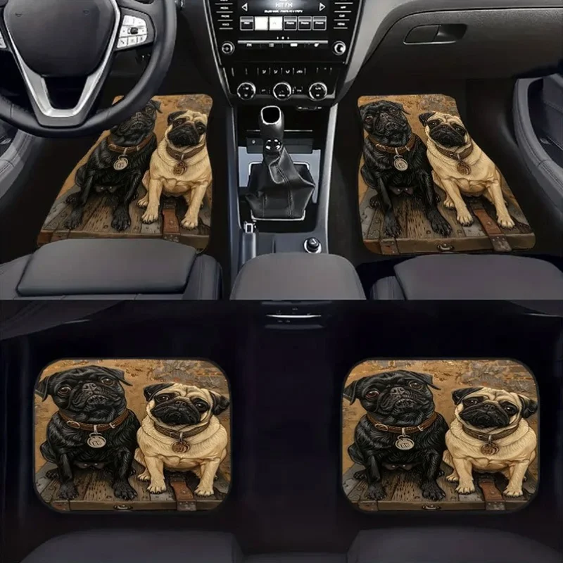 4pcs Cute Pug Pattern Car Floor Mat Set, Universal Non-Slip Mat, Crystal Velvet Material, Decorate The Interior Space Of The Car