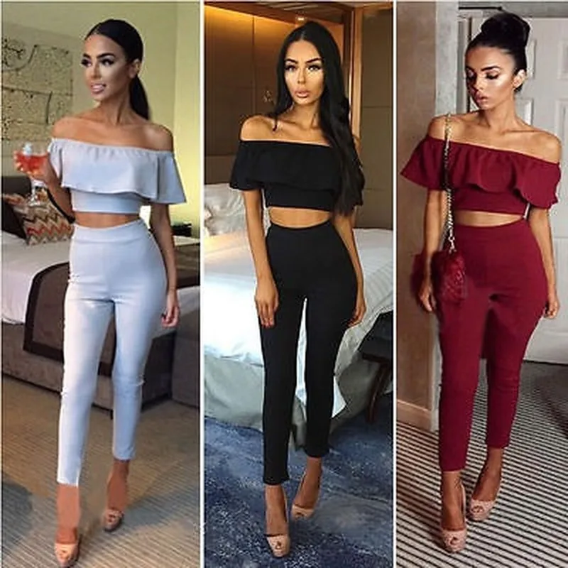 2022 Spring and Autumn New Sexy Women's Sexy One-word Neck Fashion Casual Two-piece Crop Top Trousers Bodysuit Club Bodysuit