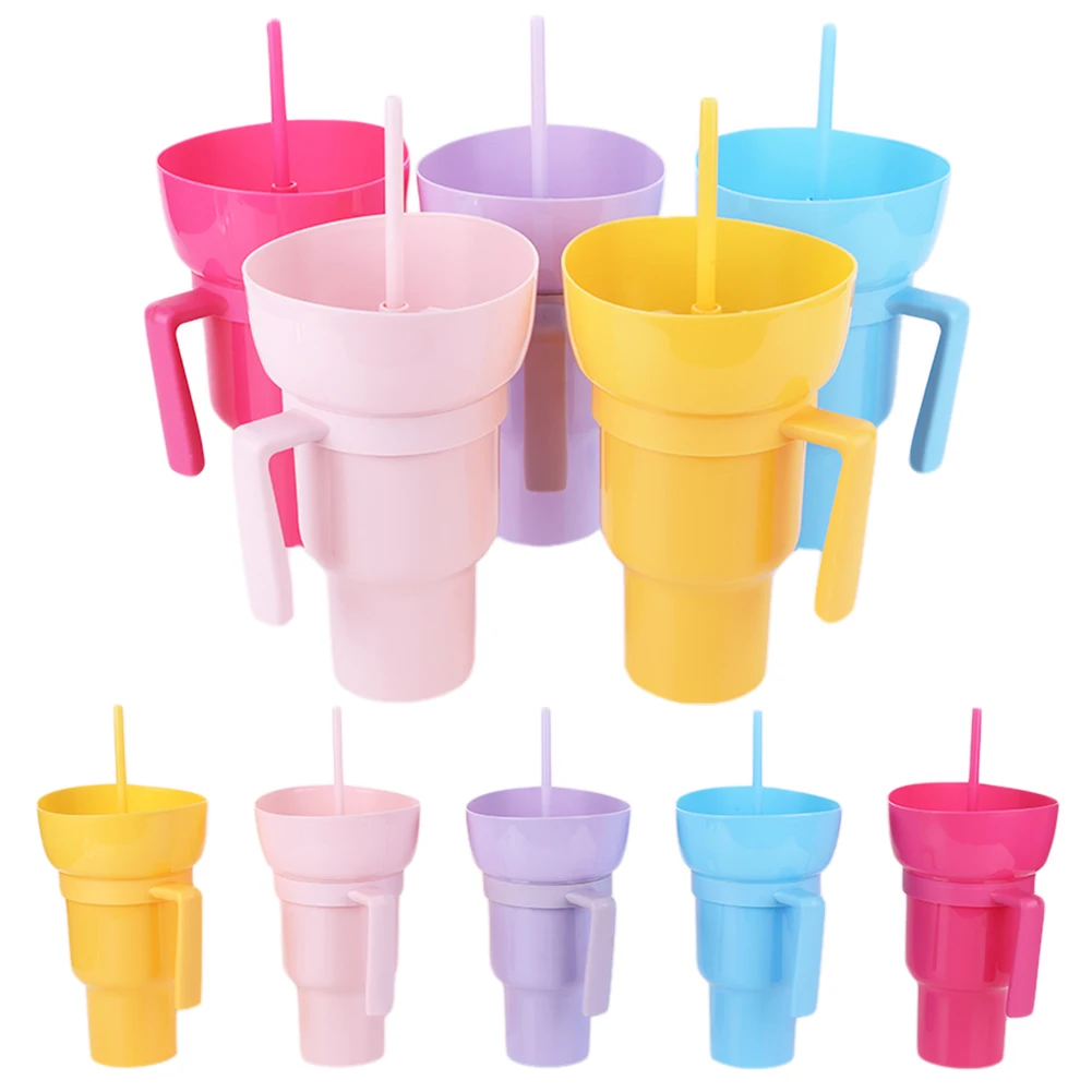 1000ml Portable Snack Container Multifunction Stadium Tumbler Snack and Drink Cup 2 In 1 with Straw & Handle for Kids Adults