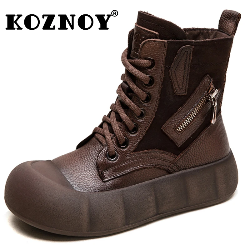 

Koznoy 3.5cm Natural Genuine Leather Autumn Fashion Spring Boots Moccasins Motorcycle Chimney Ladies Women Ankle Booties Shoes