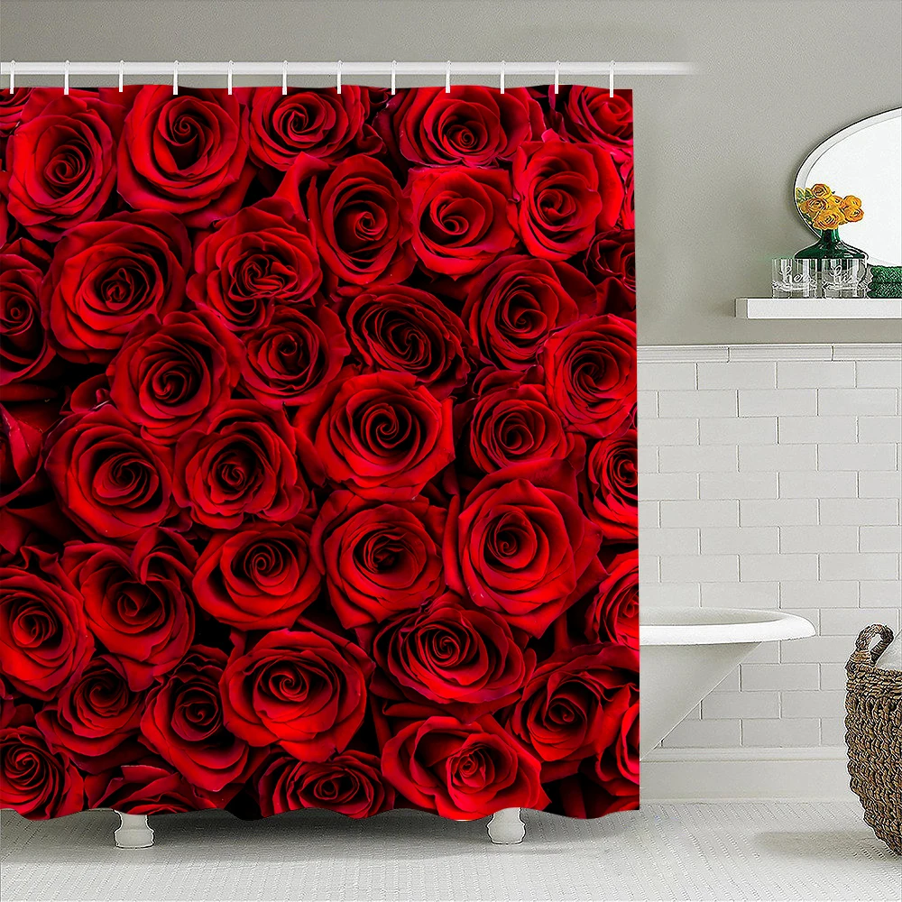 

1pc Red Rose Shower Curtain Bathroom Partition Decorative Curtain Machine Washable Rose Print Window Privacy Curtain