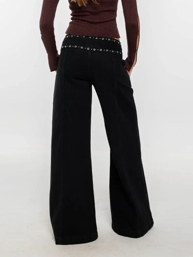 Frauen Coole Nieten Niedrige Taille Schwarze Jeans Mode Bodenlangen Breite Bein Hosen Chic Vielseitige Hose 2025, Neue Dame Pendeln Kleidung – Detail 8