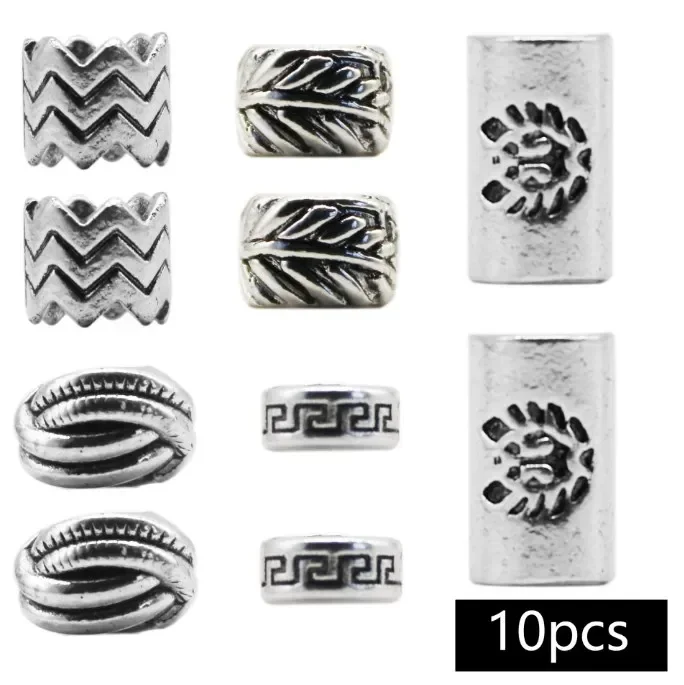 10/50 Pcs/Pack Silver Viking Rune Hair Braid Big Hole Rune Metal Dreadlock Beard Beads Rings Tube for Women Men Hair Accessories