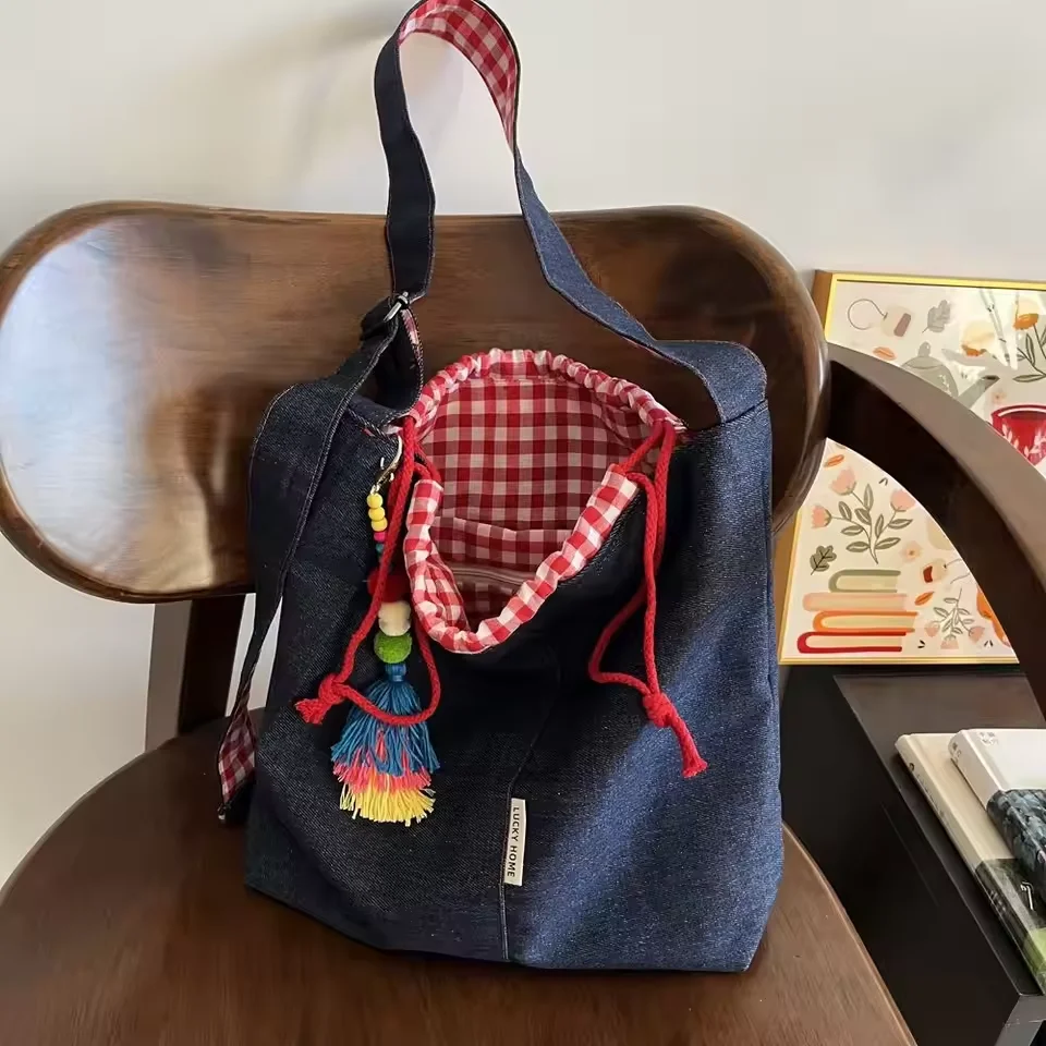 Simple Large Capacity Drawstring Tote Bag Casual Leisure Denim Shoulder Bag All-match Cowboy Casual Canvas Bag Travel