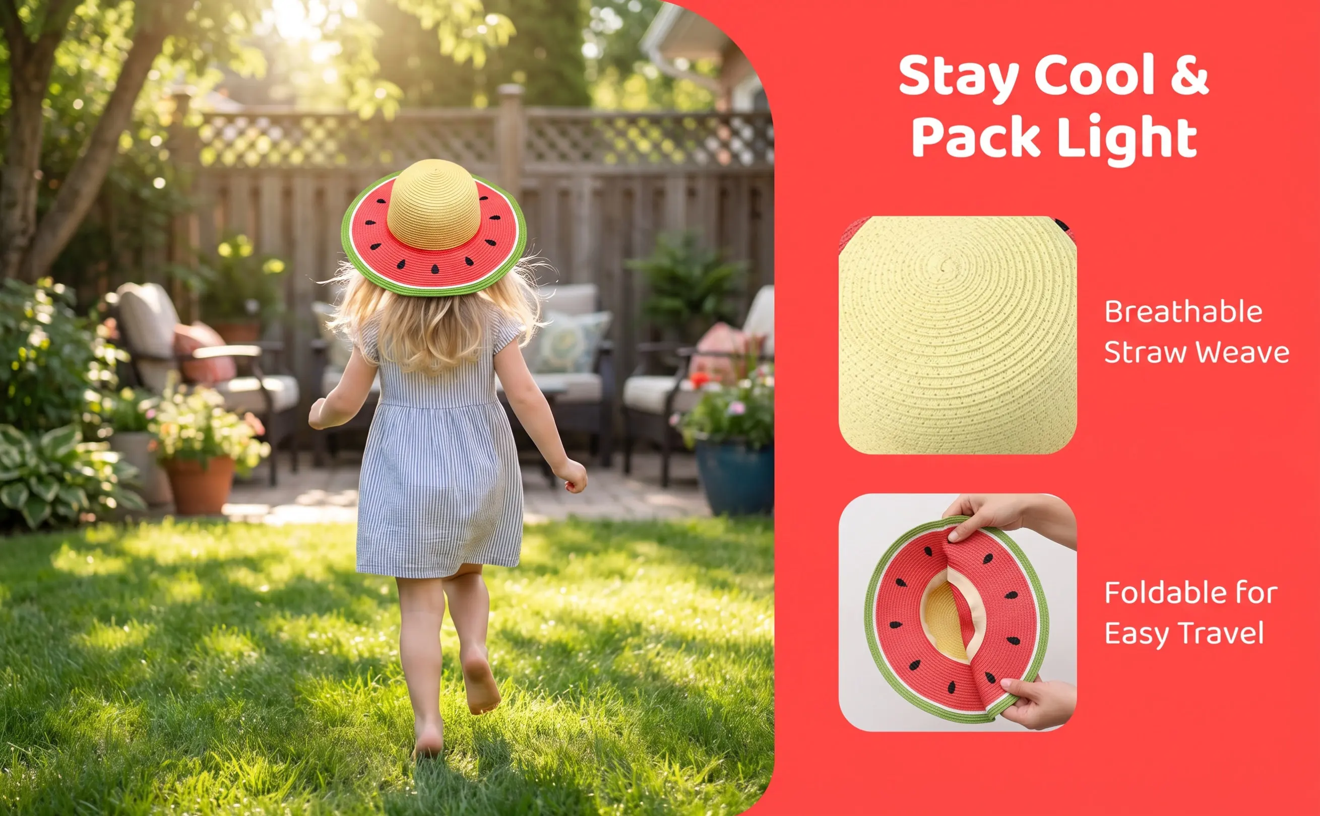 Kids Straw Sun Hat with Wide Brim, Breathable & Foldable UV Protection for Summer Beach and Outdoor Activities