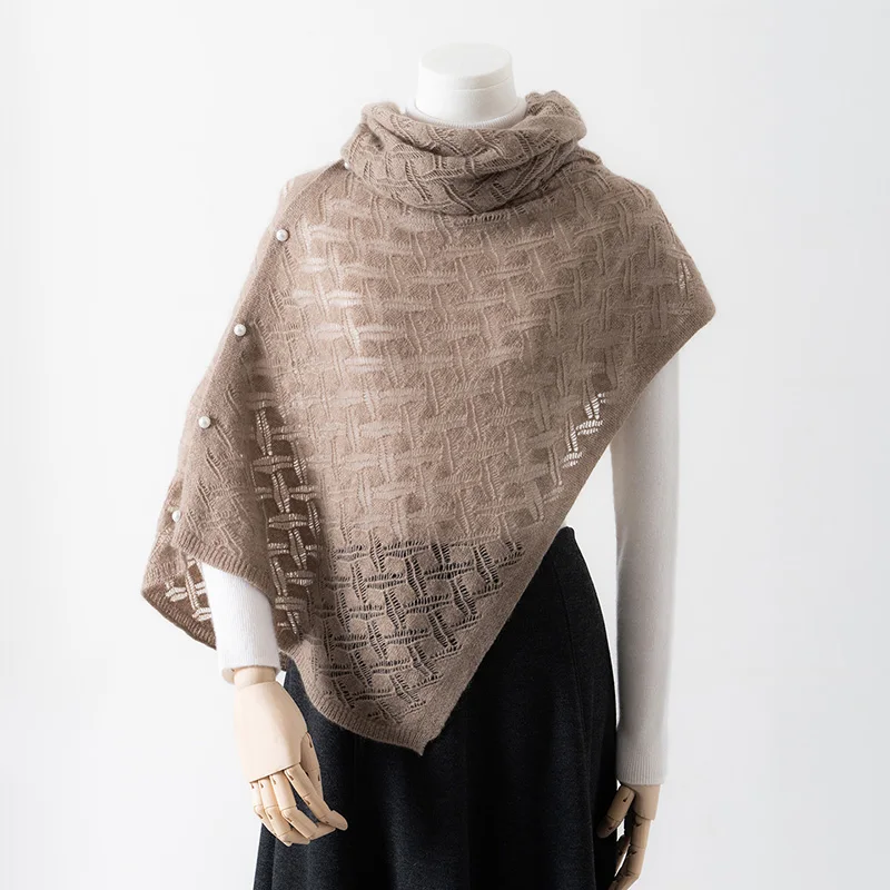 2025High-grade 100% Cashmere Knitted Women's Solid Color Shawl Hollow Design Simple Style Warm Long Turtleneck Shawl.
