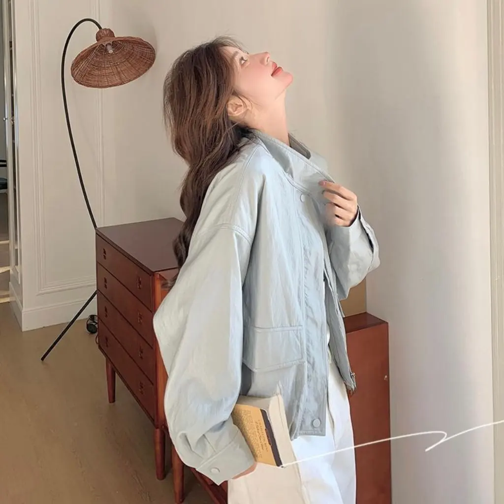 Light Blue Casual Style Leather Jacket for Women PU All-Match Age-Reducing Spring New Fashion Outerwear