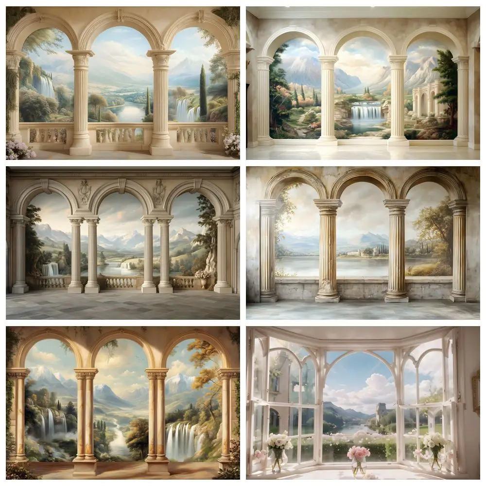 

Retro European Style Palace Pillar Backdrop Nature Landcape Mountain River Wedding Birthday Party Art Photo Photocall Background