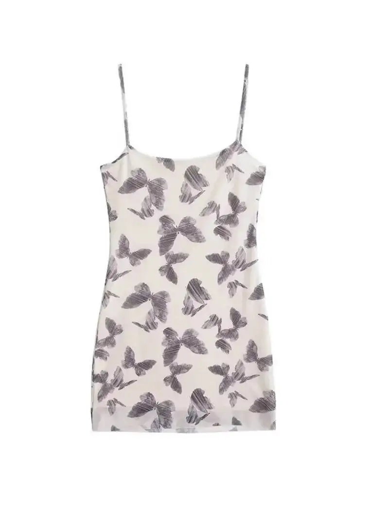 Vestido estampado de camisola borboleta elegante para mulheres, verão fino puro desejo curto tanque mini vestido 2025 nova moda feminina h7ok