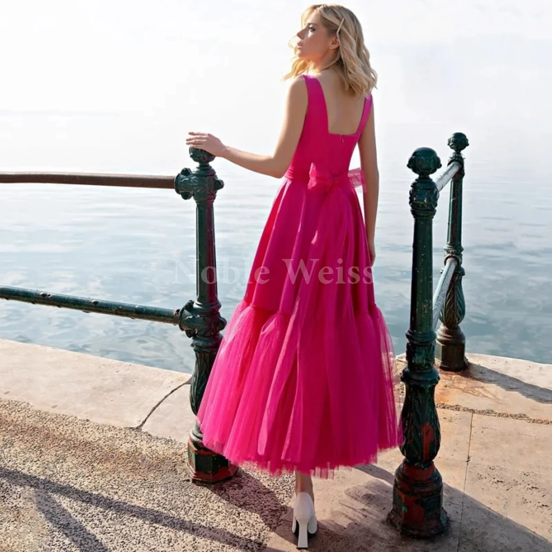 Women Square Collar Prom Dresses Tea Length Tulle Pleat Sleeveless Wedding Party Customize