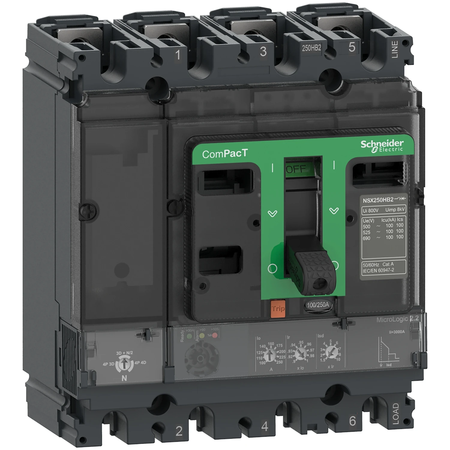 

C25F42D250 Circuit breaker, ComPacT NSX250F, 36kA/415VAC, 4 poles, MicroLogic 2.2 trip unit 250A