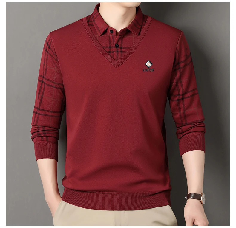 Herren Plaid Pullover Fleece Pullover Slim Fit Elegante Luxus Marke Gefälschte Zwei Stücke Gestrickte Pullover – Detail 12