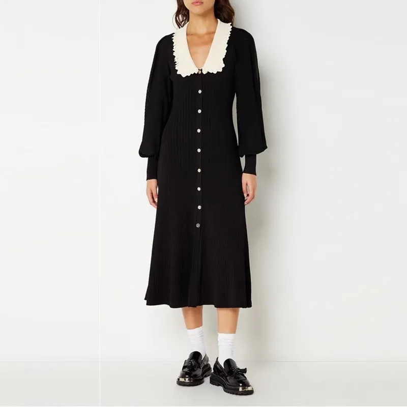 黒長袖ニットドレス女性ターンダウンネックエレガント Vestidos ボディコンハイウエストストリート布女性