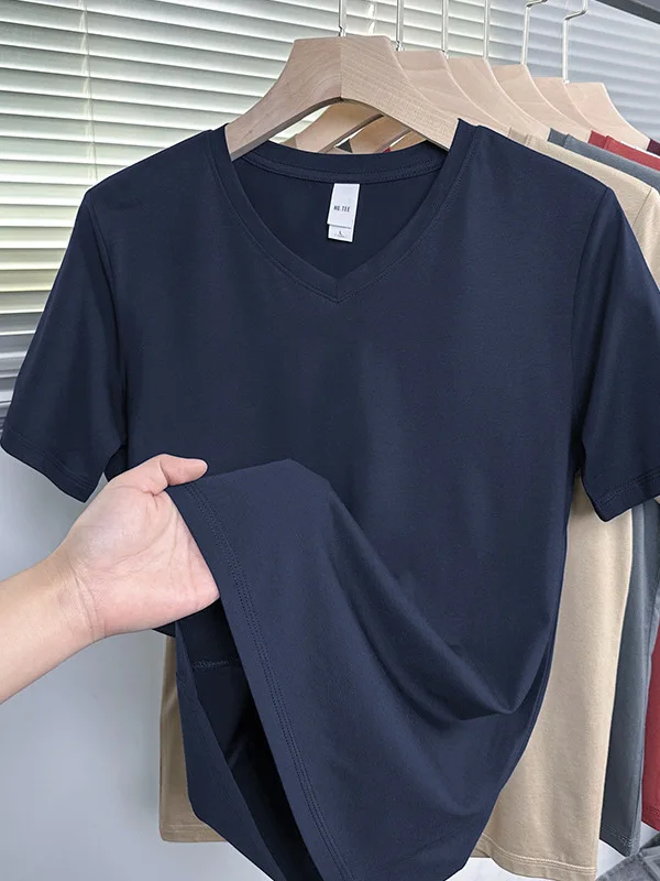 Pure Cotton Short Sleeve T-Shirt Men's Summer Thin Ice Silk Cool Feeling Half Sleeve Quick Dry V-Neck Fashion  Color Bod...