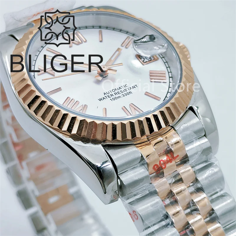 BLIGER 36mm/39mm Two-tone Rose Gold Bezel White Dial Rose Roman Time Marks NH35A Automatic Movement Mens Watch  Jubilee Bracelet