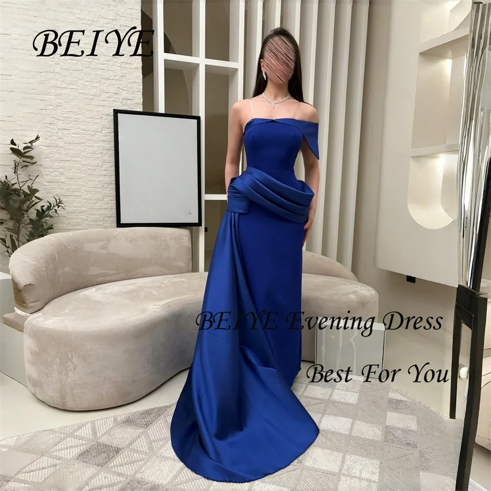 BEIYE Nowoczesne Niebieskie Sukienki Wieczorowe Bez Ramiączek Odkryte Ramiona Satynowa Suknia Formalna na Przyjęcie Szyta na Miarę فساتين سهرات