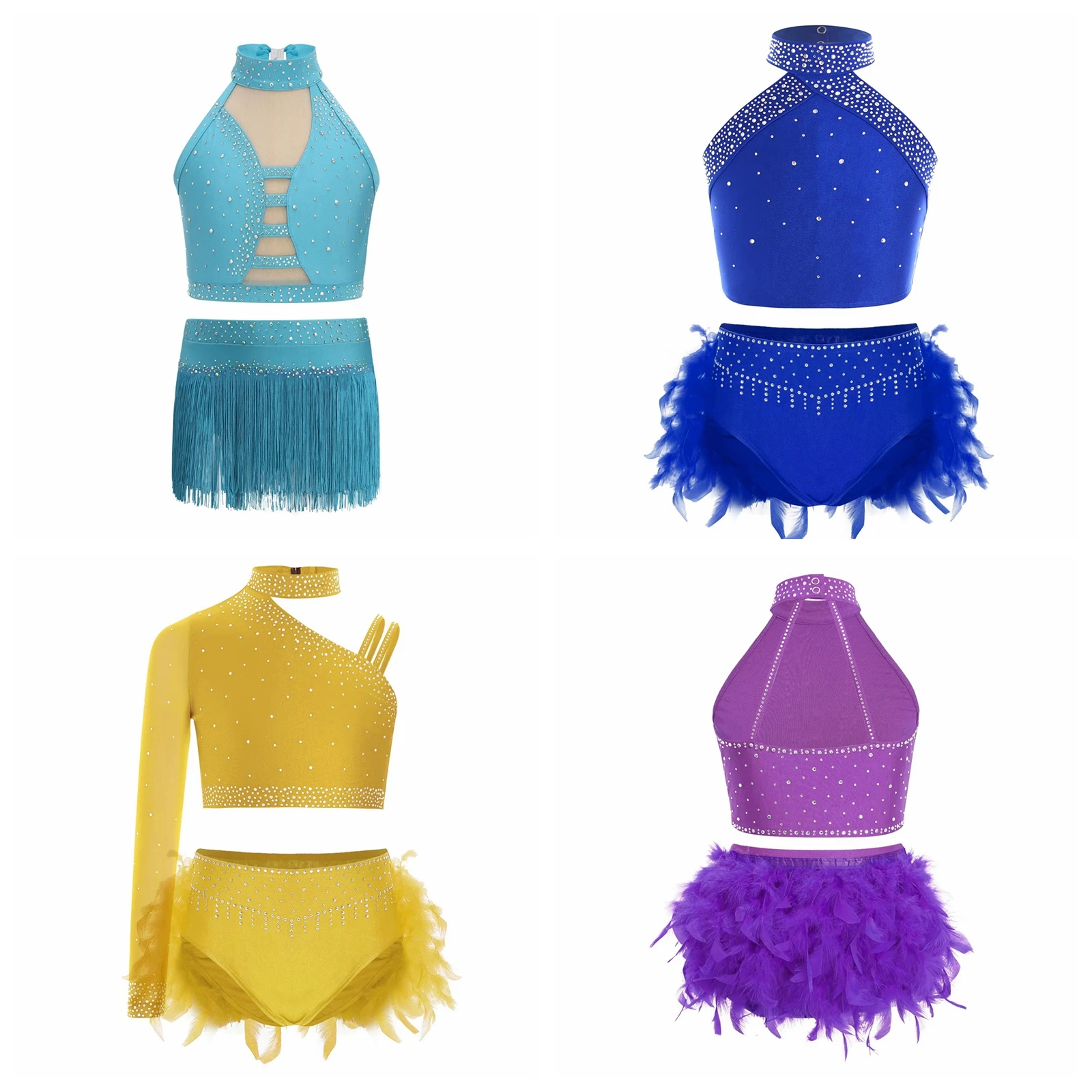 Feather Latin Dance Outfit Kids Girls Dancewear Sets Shiny Ballroom Fringe Chacha Rumba Tango Salsa Dancing Performance Costume