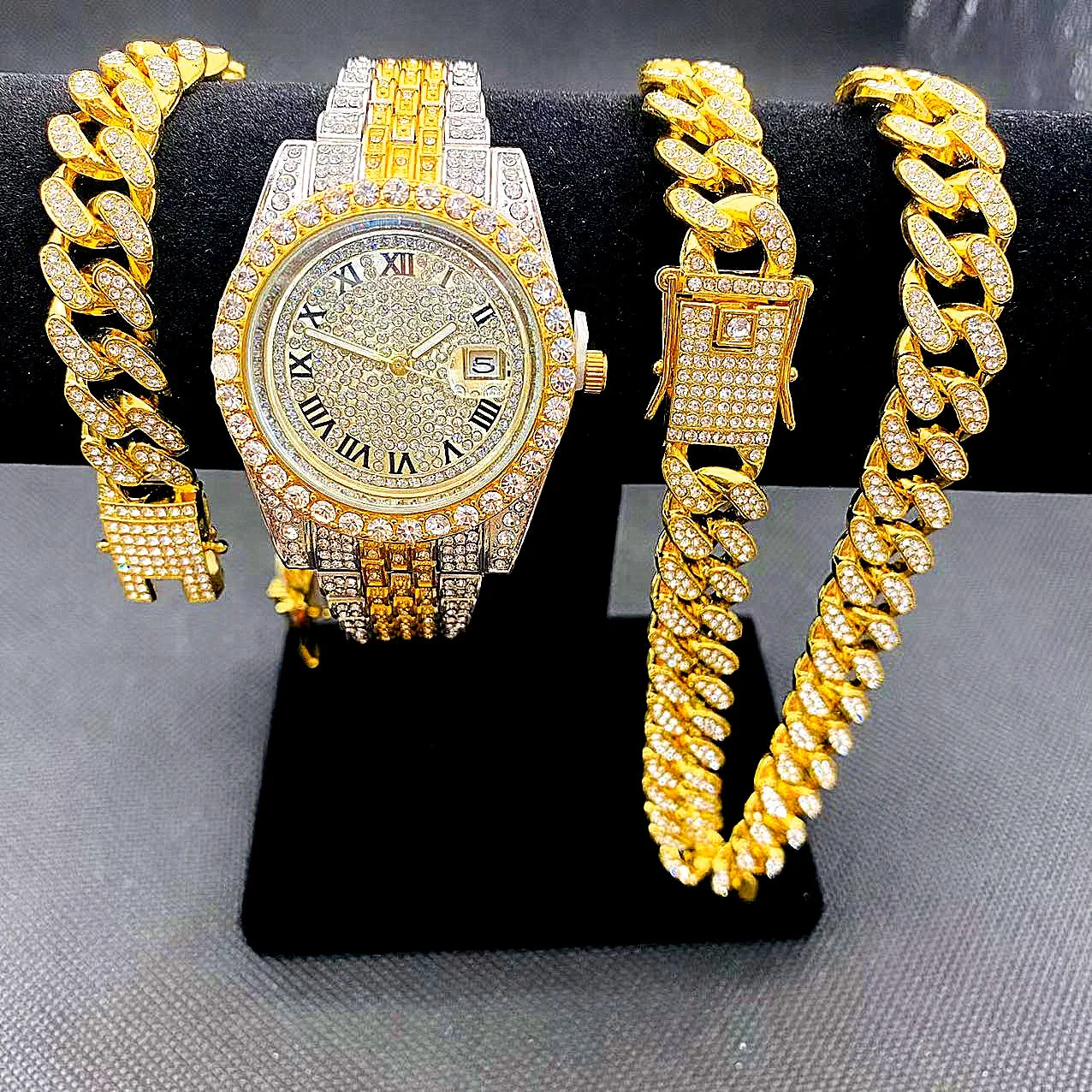 Jam Tangan Ice Out Penuh Rantai Kuba Emas Pria Gelang Kalung Choker Perhiasan Modis Bling untuk Pria Set Jam Tangan Pria Hip Hop