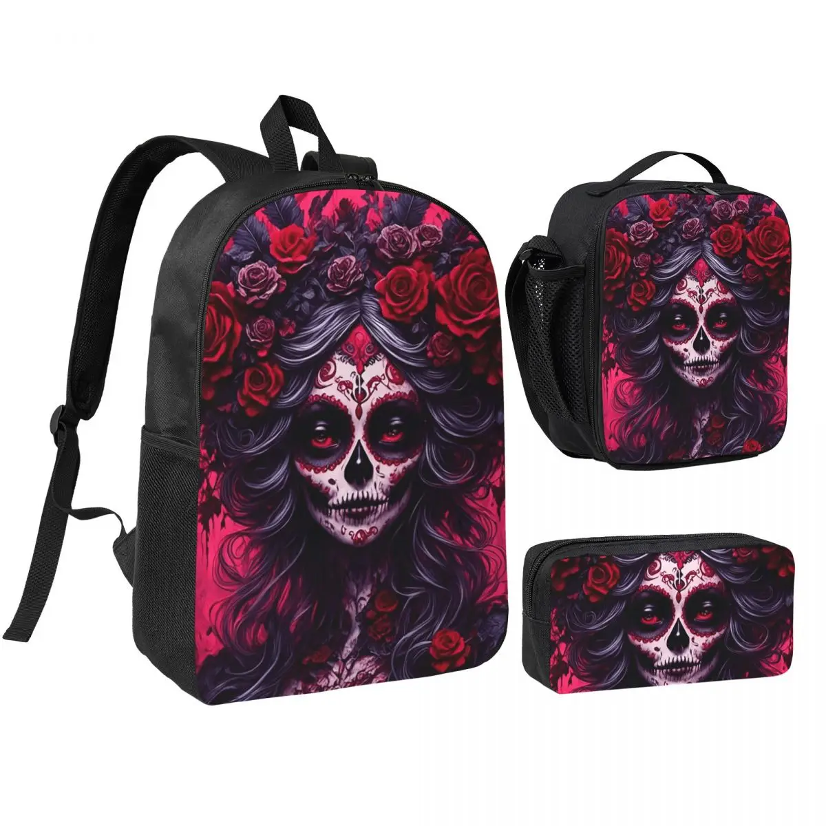 

Mexican Catrina Girl Day Of The Dead Skull Backpack BookBag School Bag Laptop Shoulder Bags 3ps Insulated Lunch Bag Pencil Case