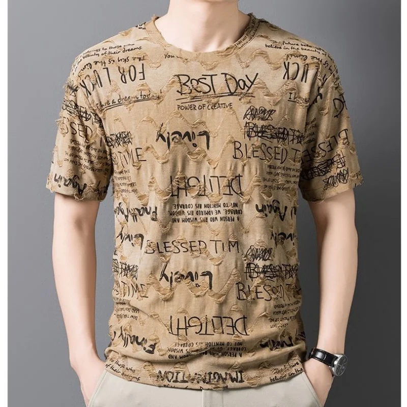 Men's Casual Short Sleeve T-Shirt with Letter Print Round Neck Breathable Cotton Tee for Daily Summer