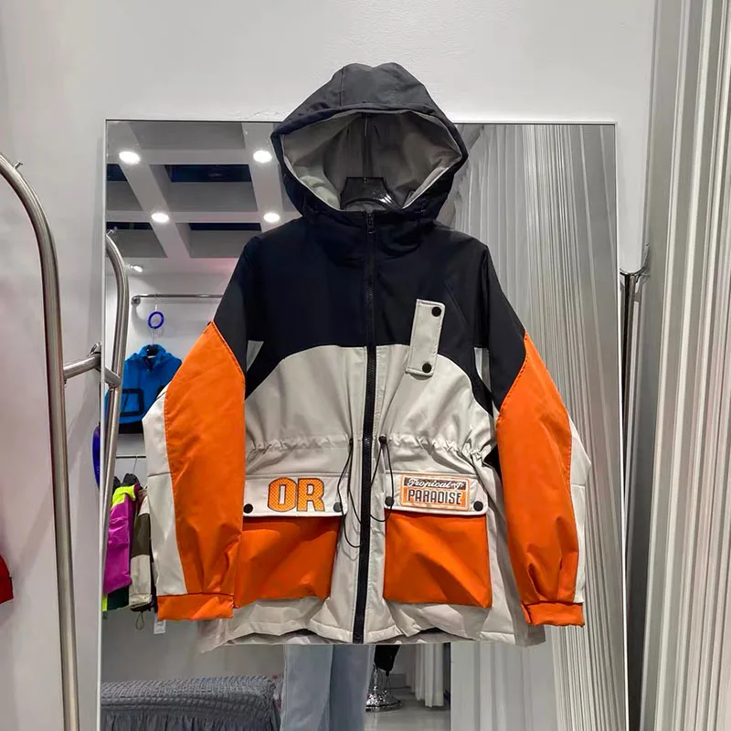 Unisex couple's winter down jacket trendy embroidery letter splicing contrasting color drawstring waist cinching jacket