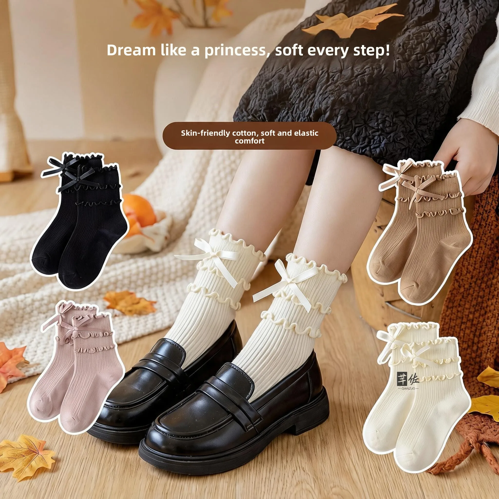 Summer Thin Mid-calf No-Show Socks for Girls with  Knots Princess Style White Stockings Suitable for Skirts