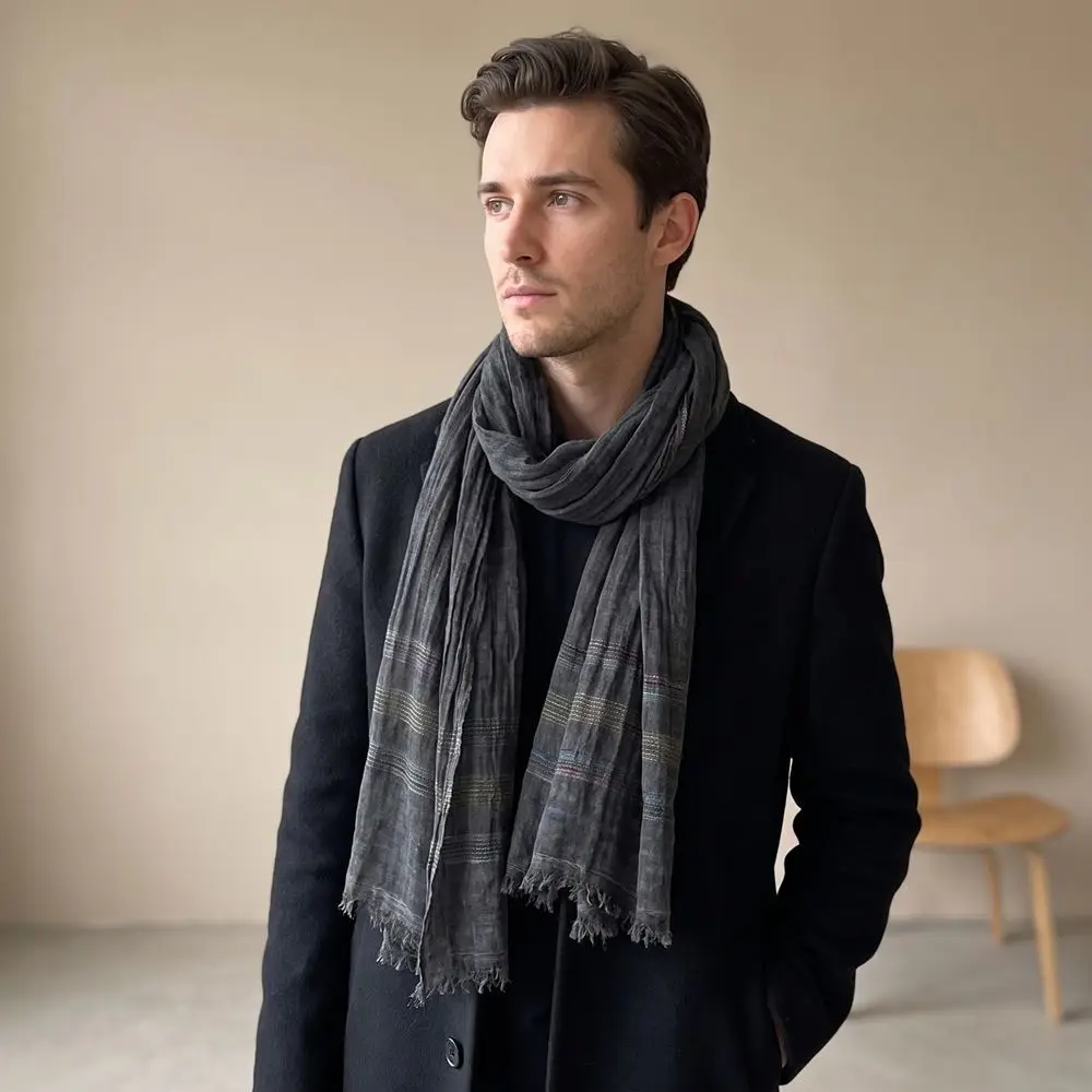 Fashion Breathable Striped Scarf Warm Short Tassel Cotton Linen Shawl Casual Lightweight Men Scarf Male